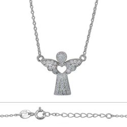 Sterling Silver Angel with CZs and Cut-out Heart Necklace